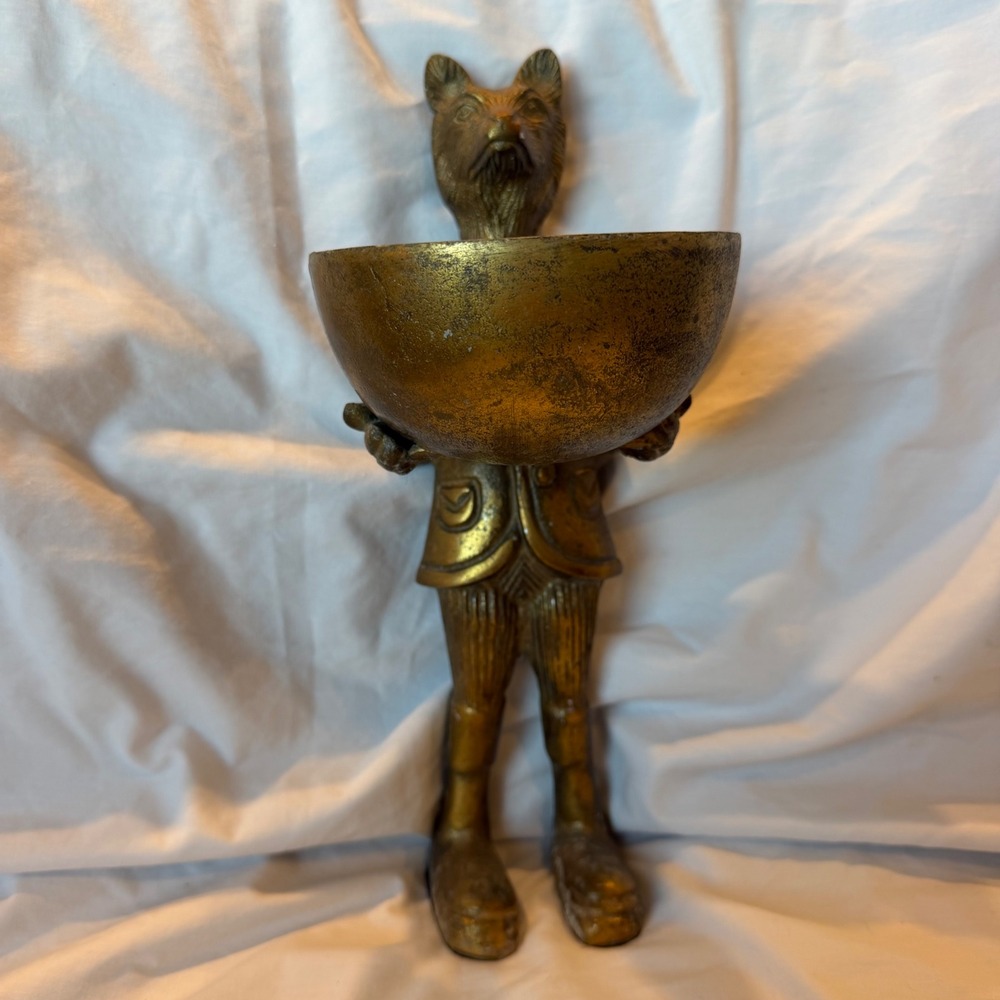 Vintage Brass Fox Valet Stand Catchall Dish Anthropomorphic Fox Figurine 12"
